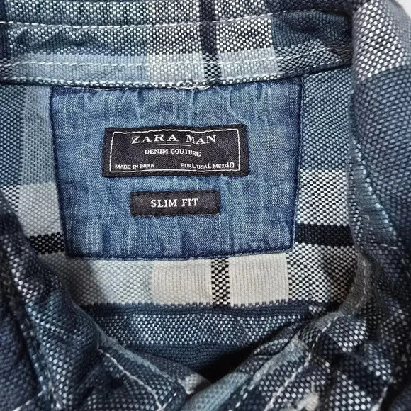 Zara Man Slim Fit Blue/Gray Plaid Button-Up Shirt Size XL/44 - Picture 3 of 12